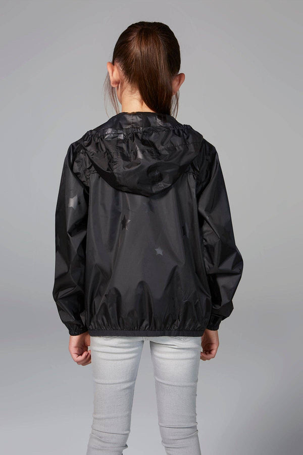 Kid's Full Zip Packable Rain Jacket and Windbreaker: Black Gloss Stars