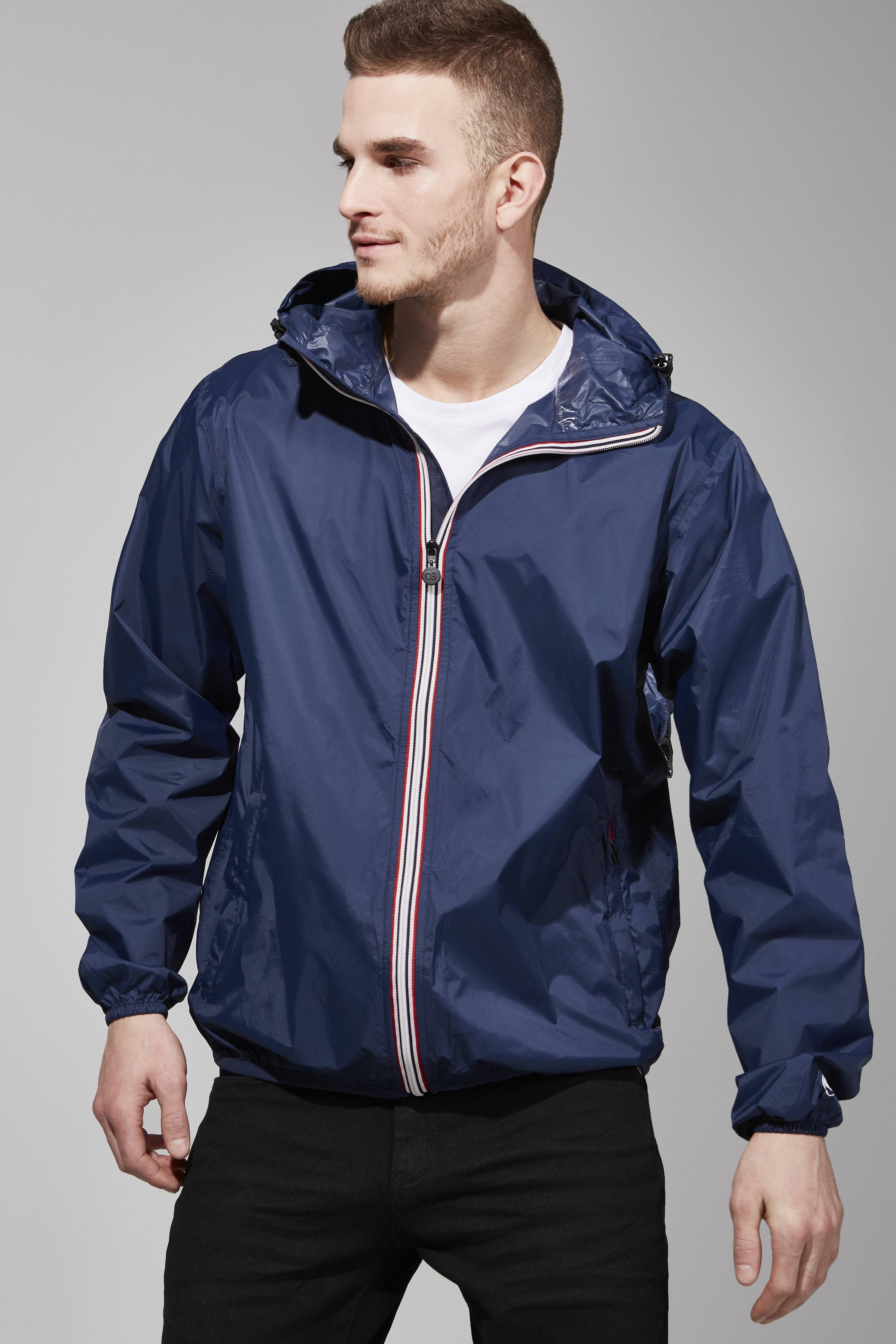 Men's Full Zip Packable Rain Jacket and Windbreaker: Navy