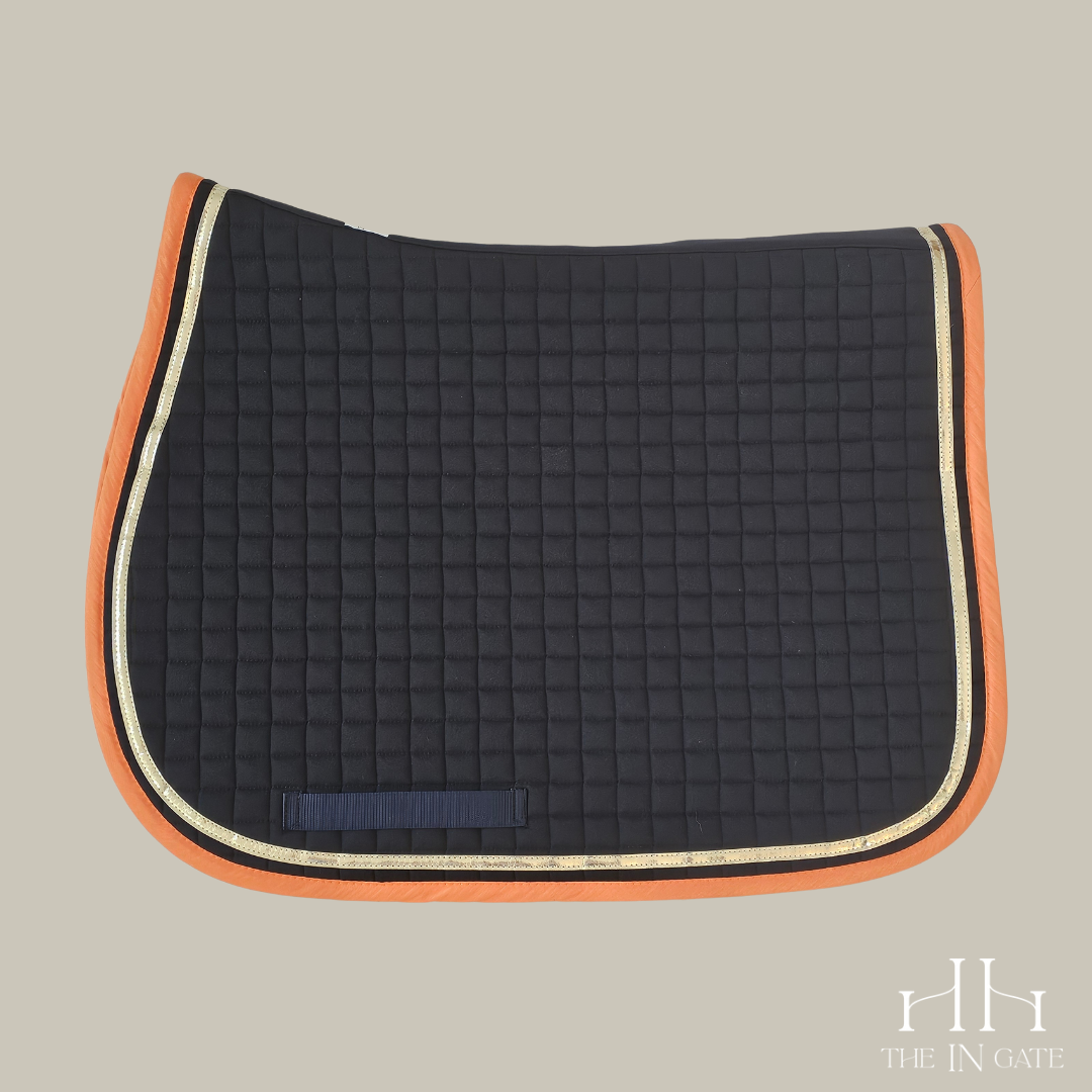 Saddle Pad - American -  navy / orange / gold patent leather spaced