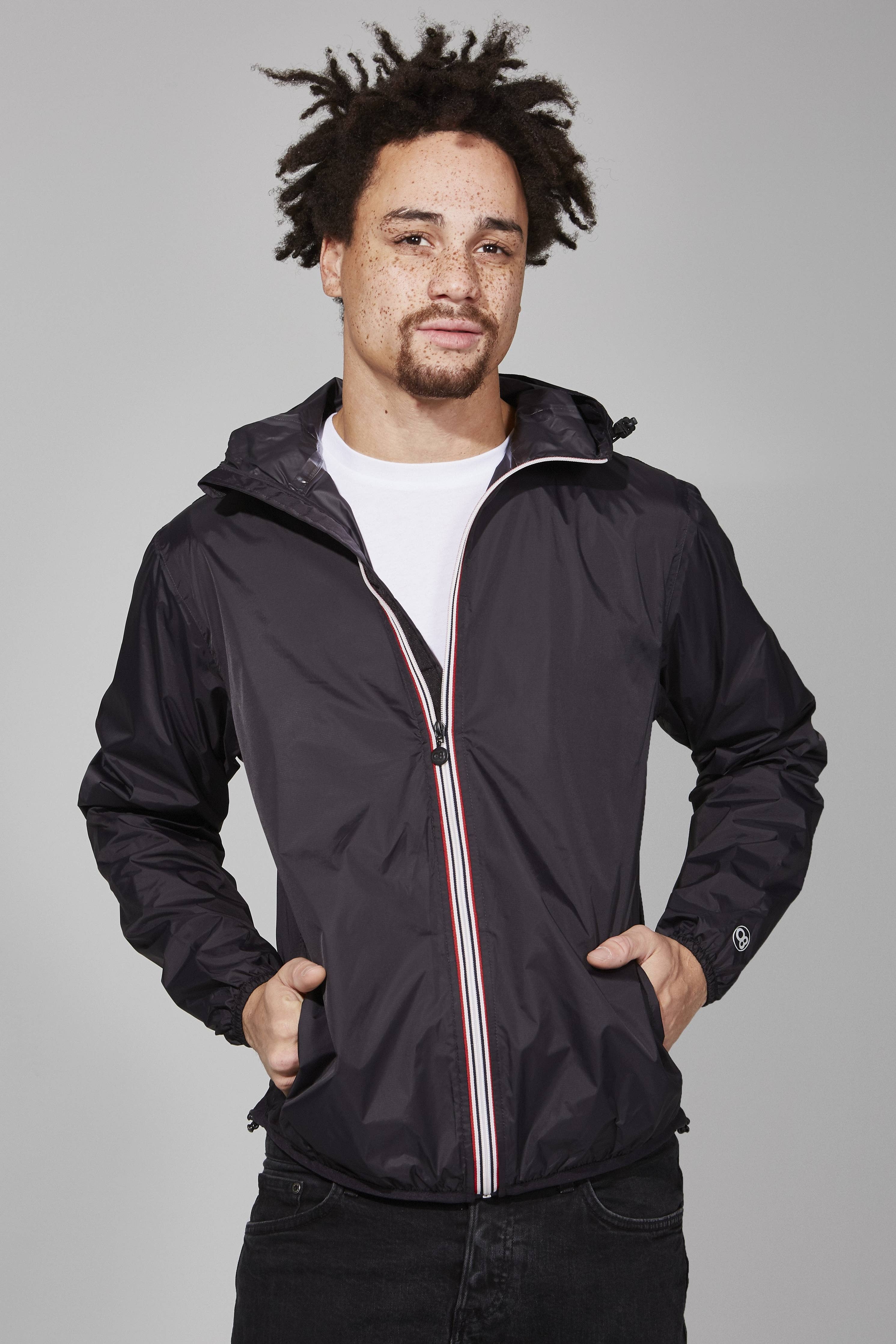 Men's Full Zip Packable Rain Jacket and Windbreaker: Black