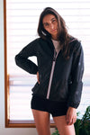 Women's Full Zip Packable Rain Jacket and Windbreaker: Black Gloss Stars