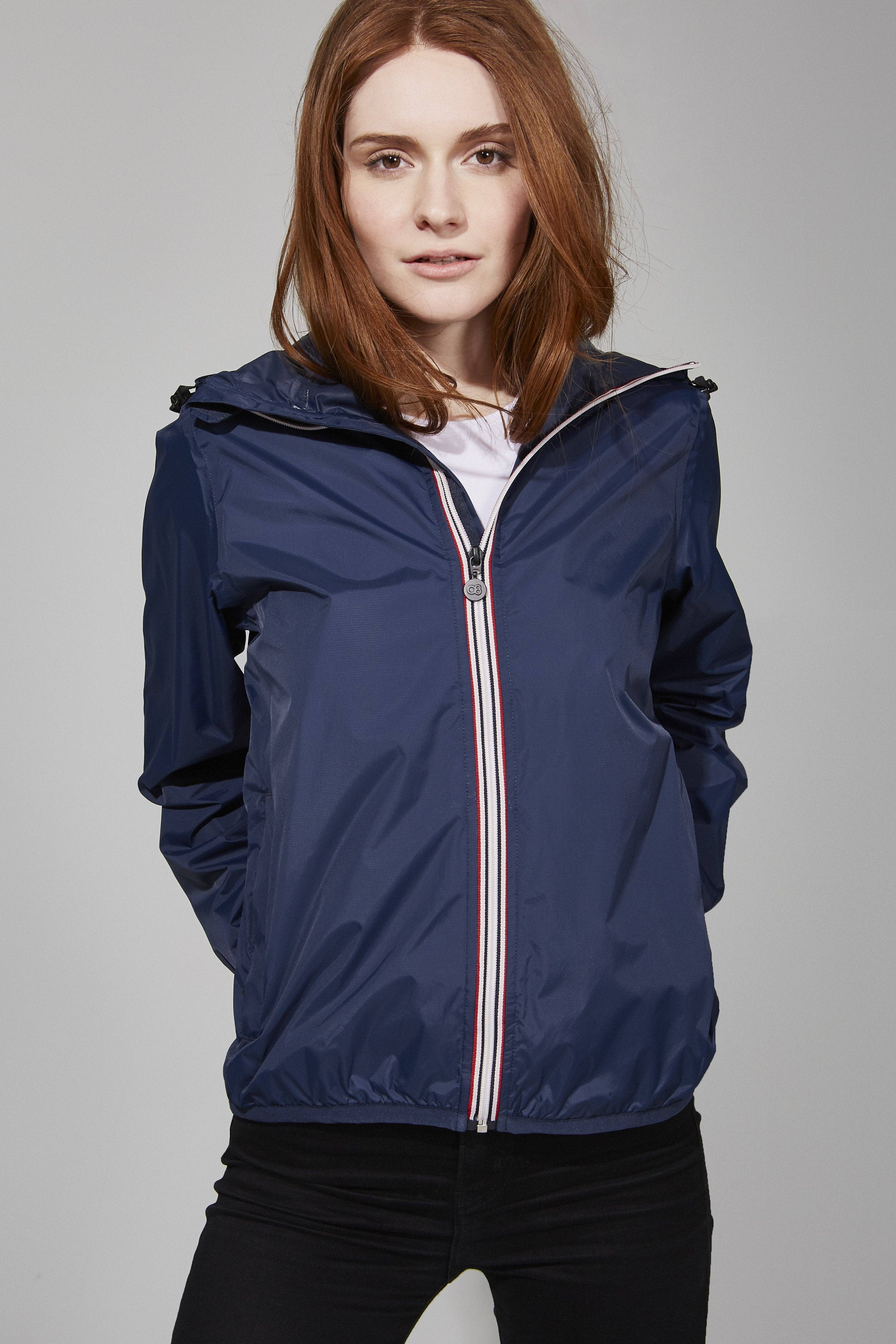 Women's Full Zip Packable Rain Jacket and Windbreaker: Navy