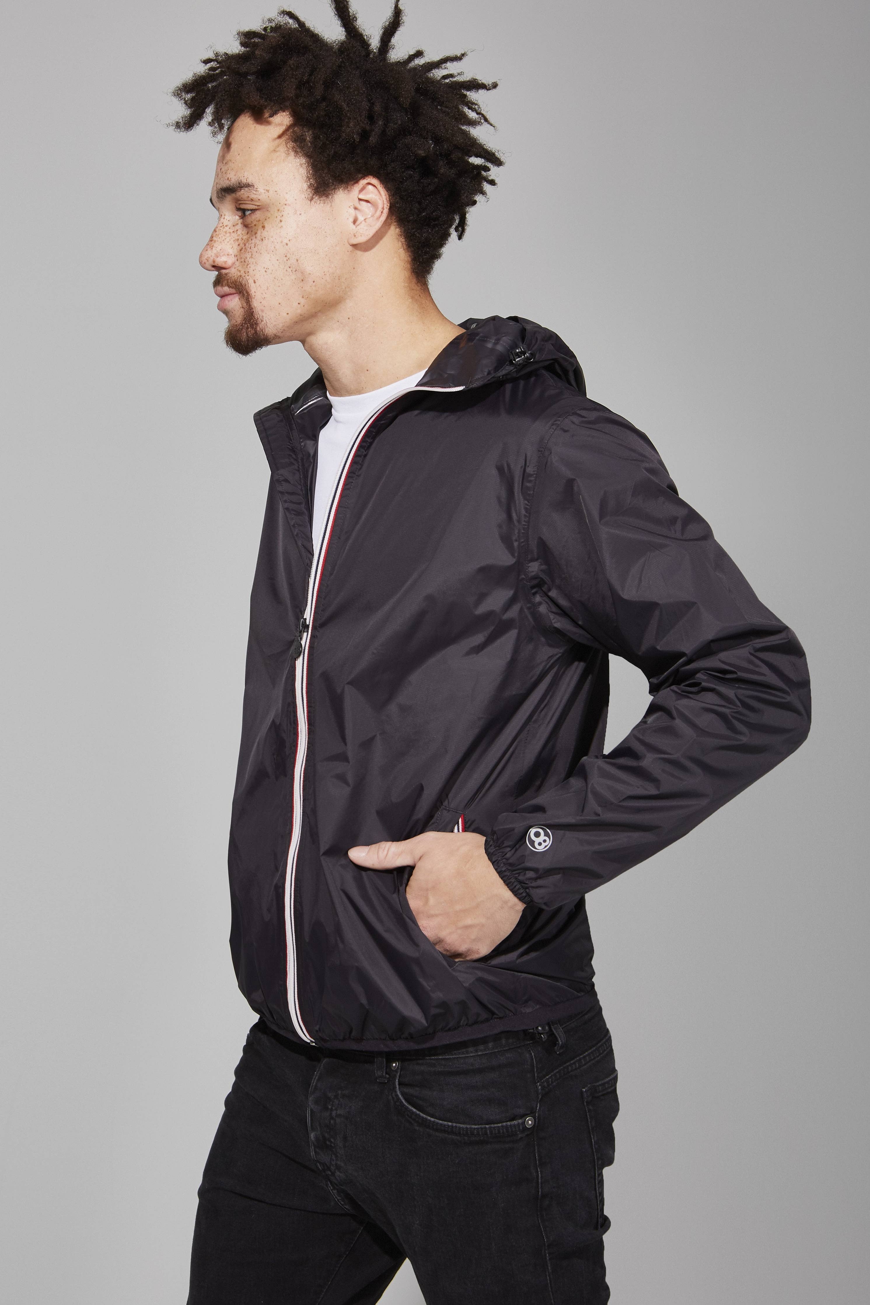 Men's Full Zip Packable Rain Jacket and Windbreaker: Black