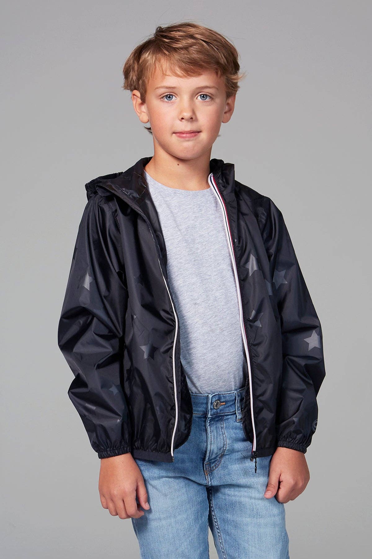 Kid's Full Zip Packable Rain Jacket and Windbreaker: Black Gloss Stars