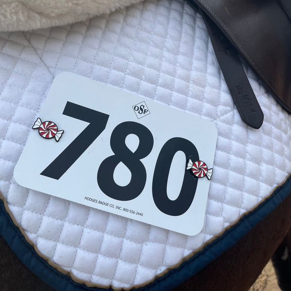 pinsnickety peppermint horse show number pins on a saddle pad at a horse show.